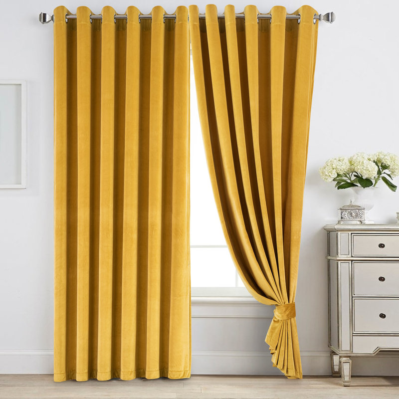 Reede Luxury Crushed Velvet Eyelet Curtains - Fully Lined, Heavy Plush Drapes, Yellow, 168cm Width x 183cm Drop
