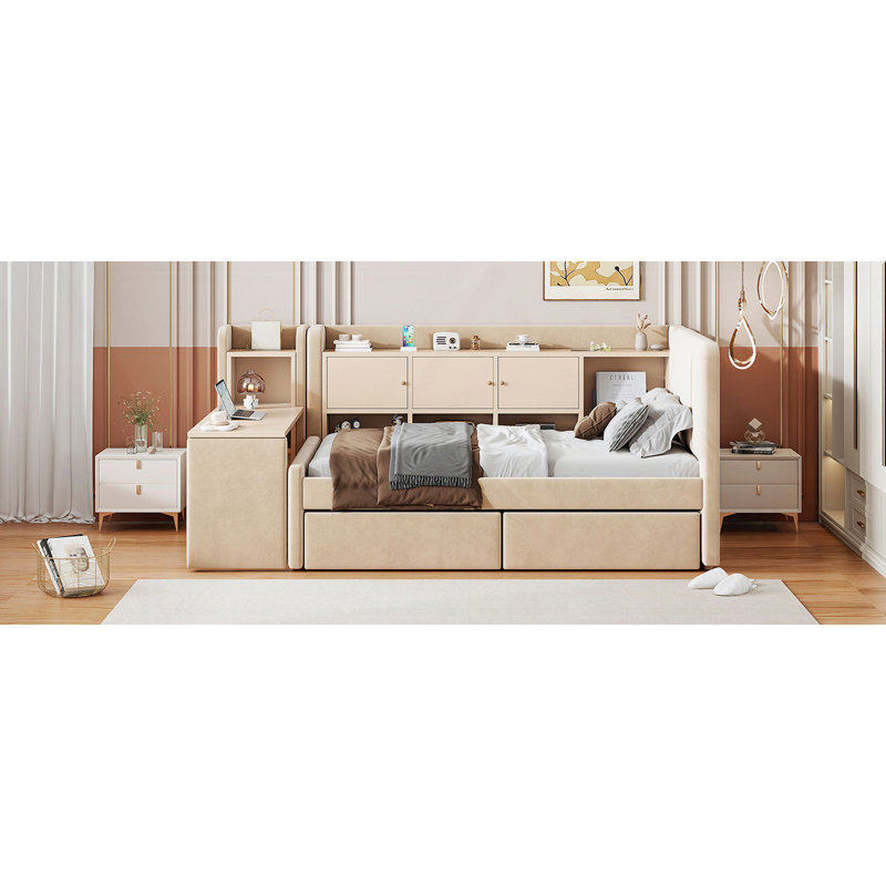 Twin Size Upholstered Daybed With Flip Cabinets, Beige