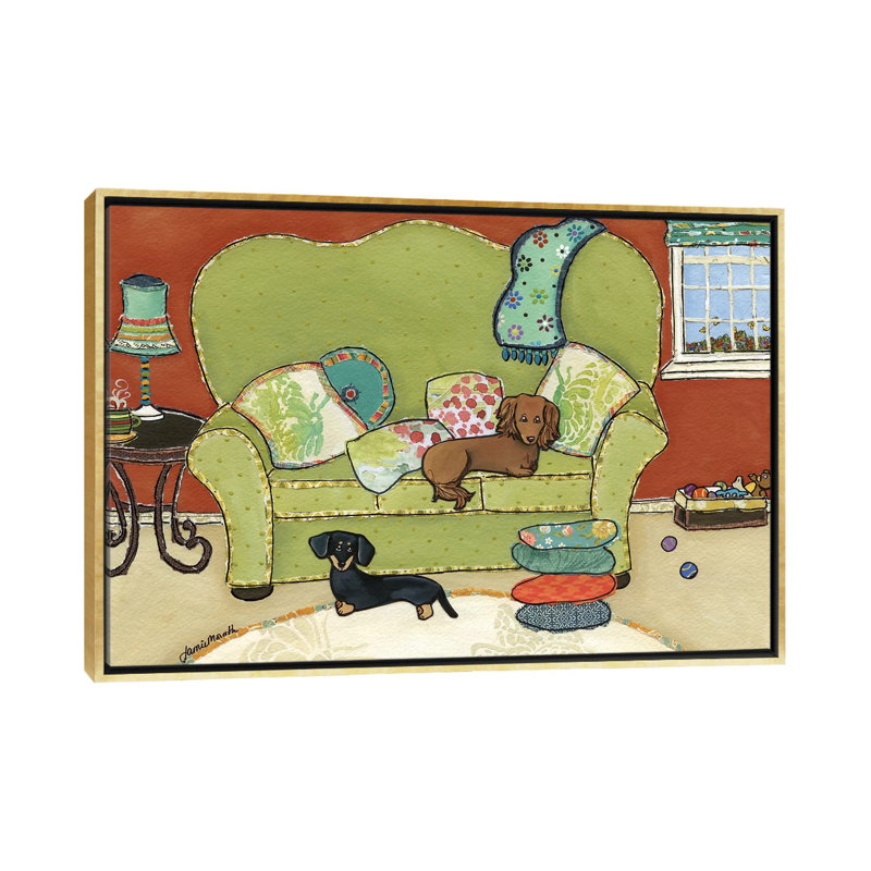 « Teckel Love » par Jamie Morath-impression, Pas de tapis, H 18 po x l 26 po x P 1,5 po, Toile encadrée d'or