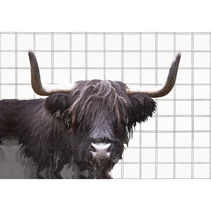 Highland Cow on Grid Pattern - Painting Print, Black Floater Framed, 30cm H x 46cm W