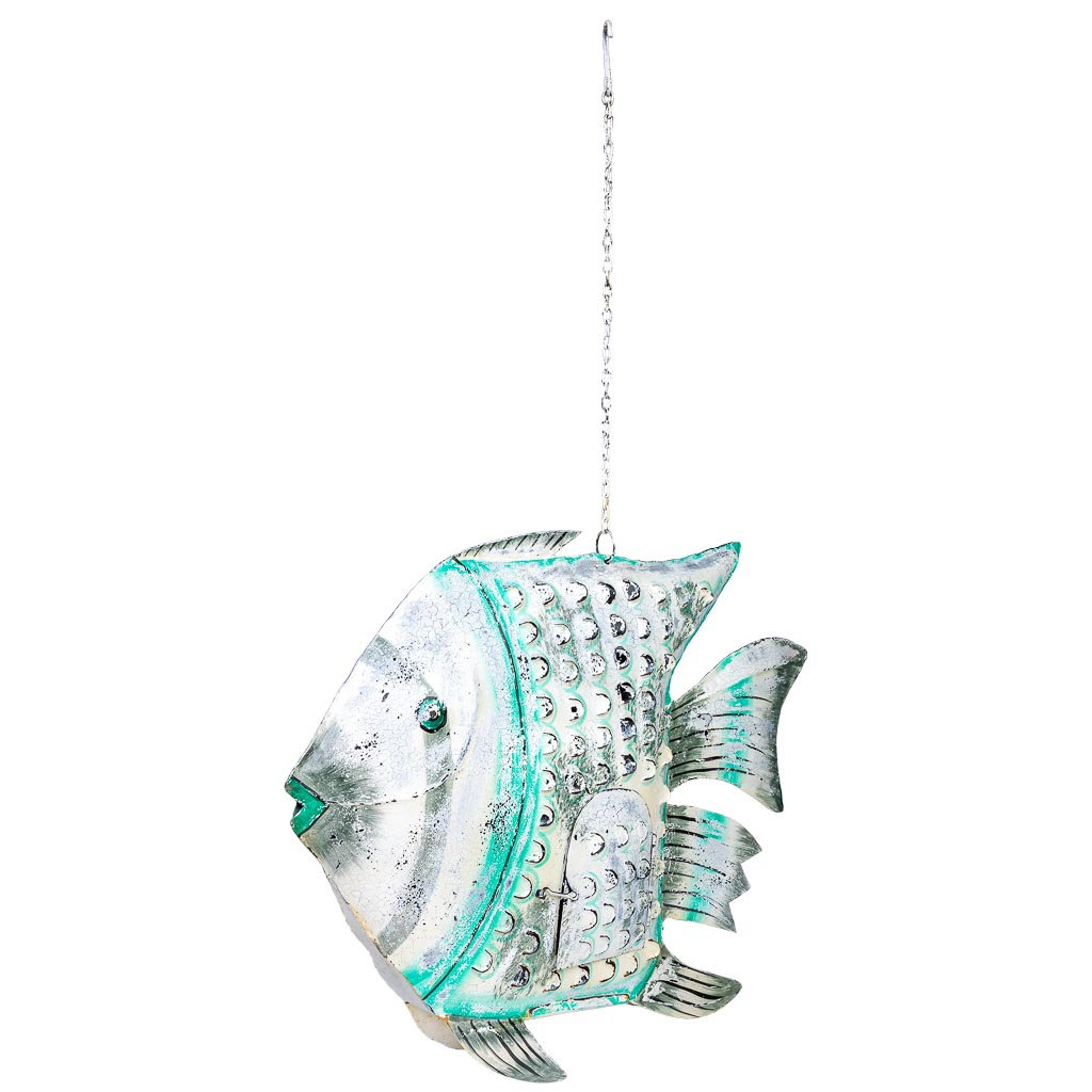 WHITE ANTIQUED METAL CANDLE HOLDER FISH