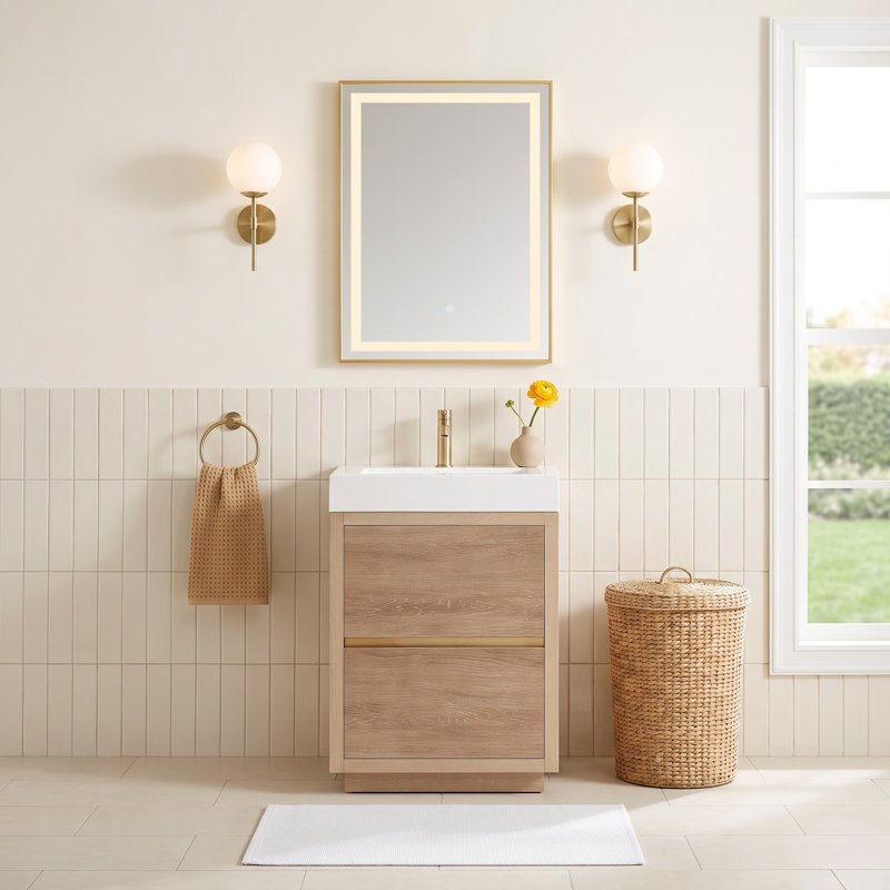 Beira 24'' Single Bathroom Vanity with Composite Top, North American Oak, White