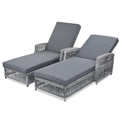 2 Pieces Long Reclining Chaise, Outdoor Wicker Lounge with Armrests, Patio Adjustable Recliner with Soft Removable Cushions, All Weather Rattan Pool Lounge for Poolside & Garden