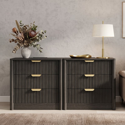 Ensemble de 2 tables de chevet cannelées Betty, table de chevet avec station de charge, table de chevet avec 3 tiroirs, table d'appoint pour chambre à coucher, noir