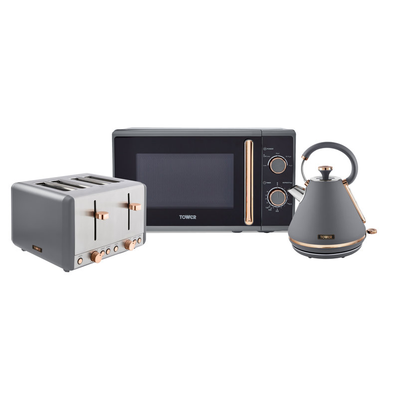 Tower 1.7L Electric Tea Kettle & 4 Slice Toaster & 20L Microwave, Grey
