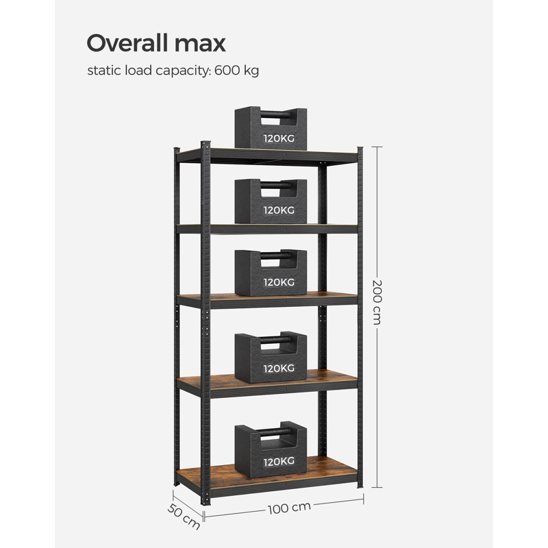 Desi Steel Standard Bookcase, 200cm H x 100cm W x 50cm D, Rustic Brown/Black