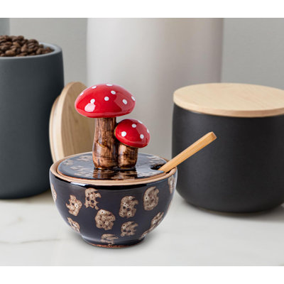 Salière en céramique brune avec couvercle et cuillère en bambou