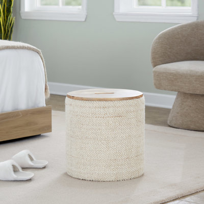 Rangement contemporain en laine et bois de manguier beige tissé à la main avec couvercle amovible, multi-usages, largeur de 15,84 po, profondeur, 17 po, poids de 15 lb, sans assemblage, utilisation intérieure seulement, limite de poids de 250 lb