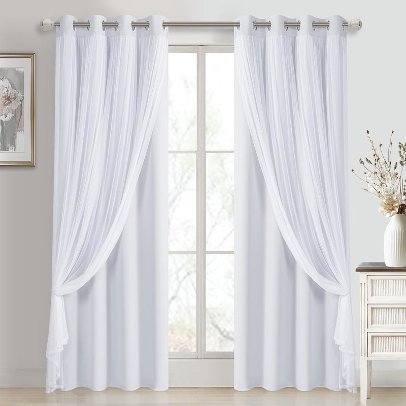 2 Panels Blackout Curtains with Sheer Overlay Thermal Insulated Mix & Match Double Layer Window Panels Drape Sewn with Tiebacks Grommet Top for Bedroom Living Room