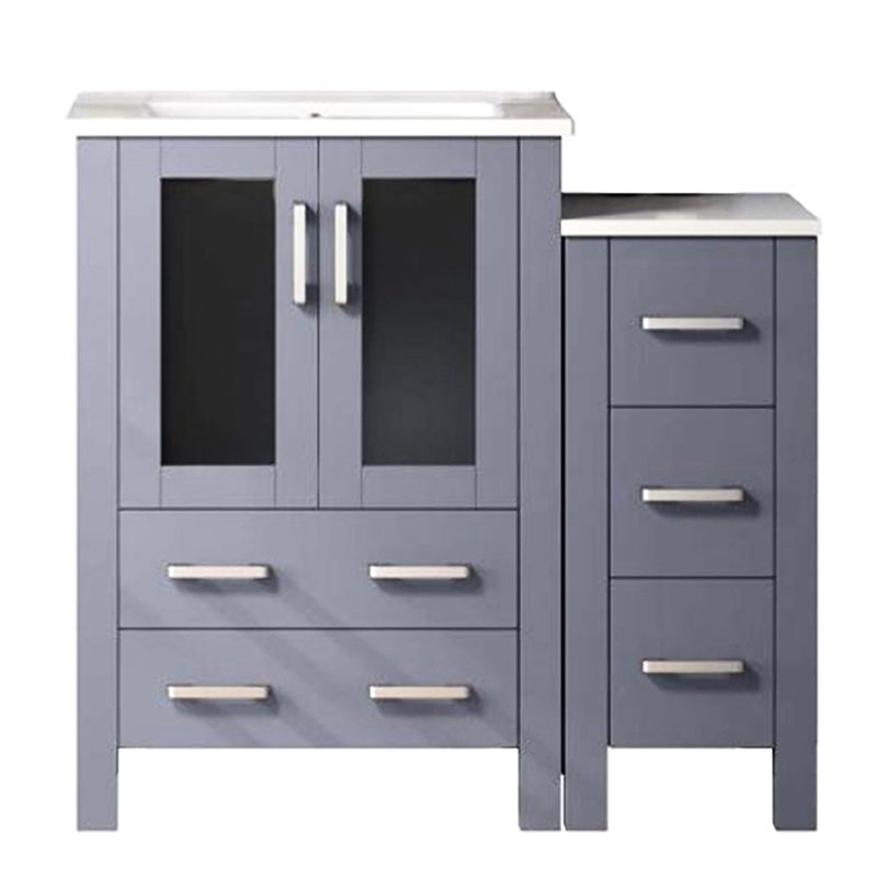 Meuble-lavabo gris foncé de 36 po Large, armoire latérale, comptoir en céramique blanche, miroir 22 po, fermeture en douceur, plateau de rangement à long terme,