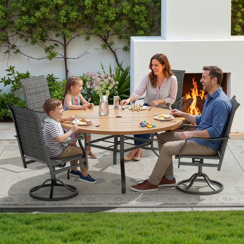 Ensemble repas d'extérieur 7 pièces avec chaises pivotantes à 360 ° et table ronde 7 pièces, Gris / brun , 6