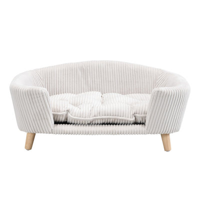 Beige Corduroy Elevated Pet Couch Bed with Solid Rubber Wood Legs, Modern Raised Dog Sofa for Small Pets Up to 25 Pounds, Easy Assembly