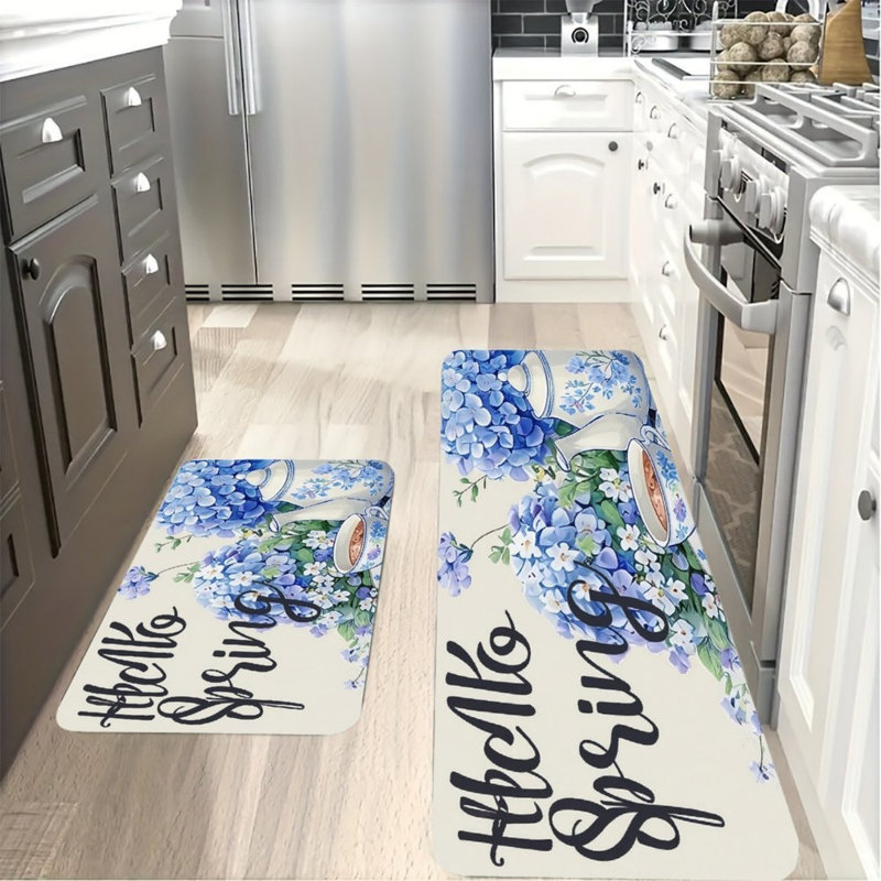 Ensemble de 2 tapis de cuisine hydrangées et théières à motif floral bleu