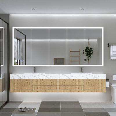 Pharmacie lumineuse à DEL avec miroir, armoire de salle de bain avec miroir 84 * 36 pouces avec lumières, encastrée ou murale, 3 couleurs Temperaturesanti-Fog
