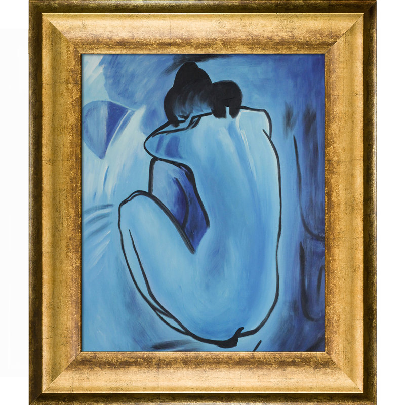 La Pastiche nue bleue avec cadre en bois noir studio, 21,5 po x 17,5 po, H 23 po x l 27 po x P 2 po, Encadré bois noir
