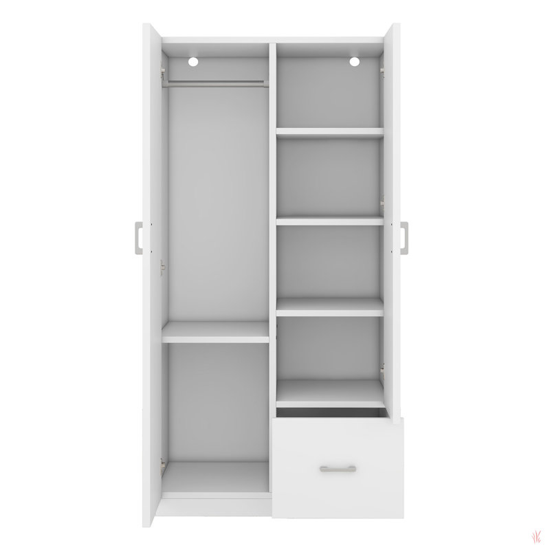 Armoire en bois avec portes doubles, armoire avec tringle, 5 tablettes fixes, 1 tiroir de rangement, blanc