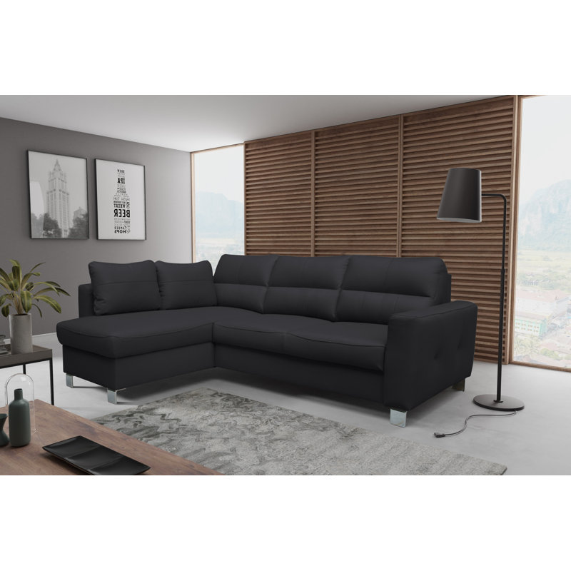 Birdell Leather Corner Sofa with Sleeping Function and Box , Left Hand Facing, Black