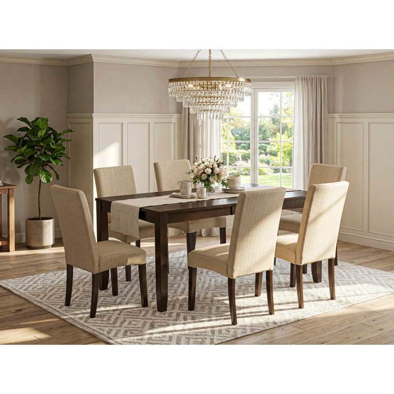 7 Piece Kitchen Table Set Consist of a Rectangle Dining Table with Butterfly Leaf and 6 Brown Linen Fabric Parson Dining Chairs, Cappuccino