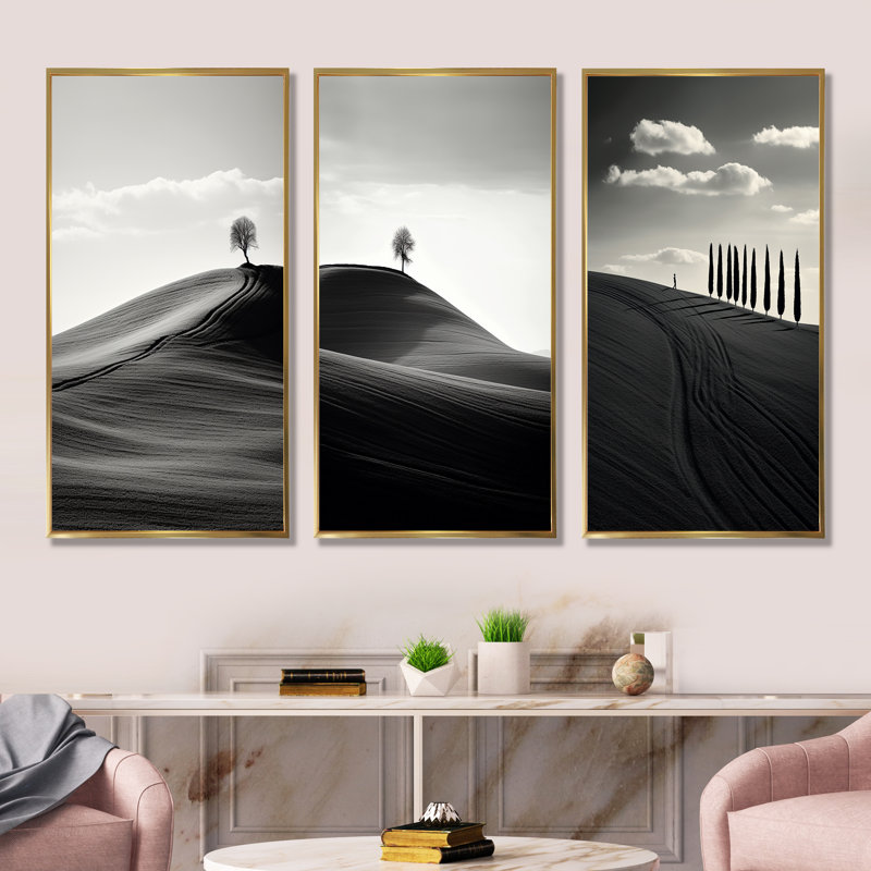Paysage de désert noir et blanc, Cadre flottant doré, H 28 po x l 36 po