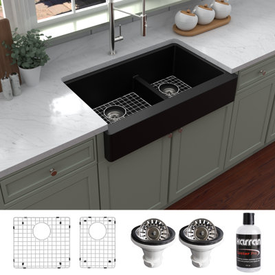 Karran Quartz 34'' X 21-1/4'' Double Bowl 60/40 Retrofit Farmhouse/Apron Front Kitchen Sink Kit