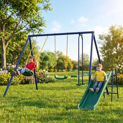 Triple Function Kids Outdoor Swing Playset, 3-in-1 Backyard Play Equipment with Belt Swing, Smooth Slide & Dual Glider for Garden Lawn