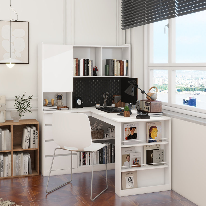 Bureau en L, bureau d'ordinateur avec tiroirs, bibliothèque, avec éclairage à DEL, bureau d'angle moderne, bureau à domicile, bureau d'écriture en L, bureau d'ordinateur de coin avec rangement