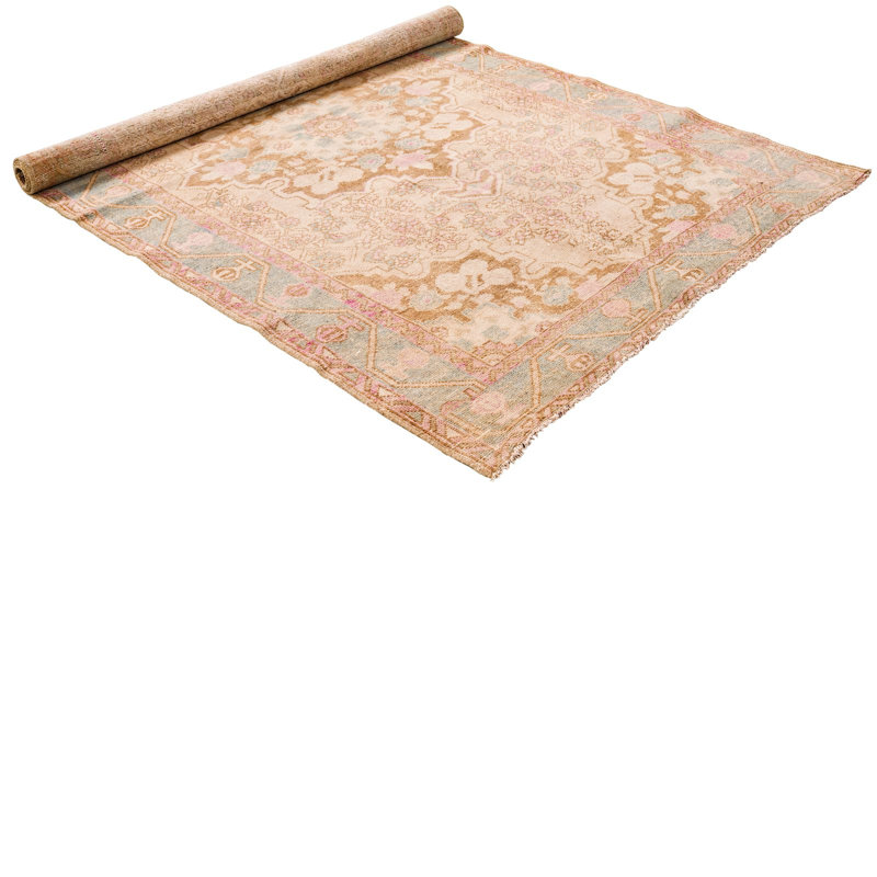 Tapis turc Oushak 4 x 7 rétro rose et bleu Anatolian