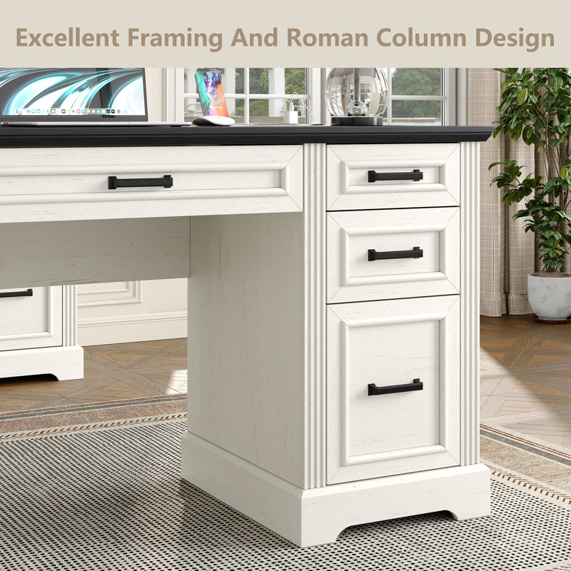 Tyshekia 58'' W Computer Desk with Outlet and 5 Drawers,Large Storage Cabinet for Home Office, Black, White