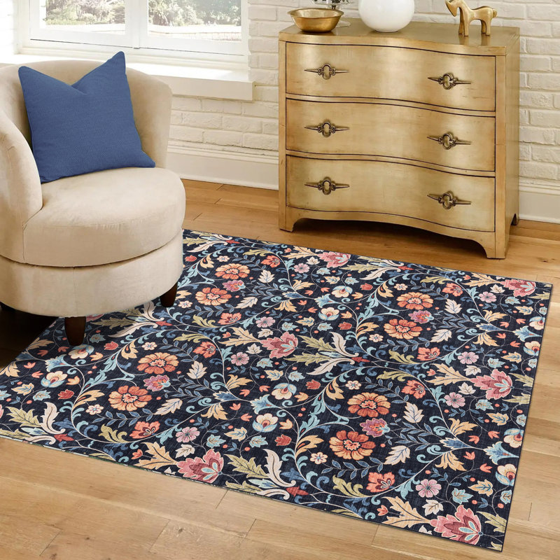 Rayna Verner Black Multi Machine Washable Bright Floral Indoor Area Rug, Flat Pile for Living Room & Bedroom - 3x5