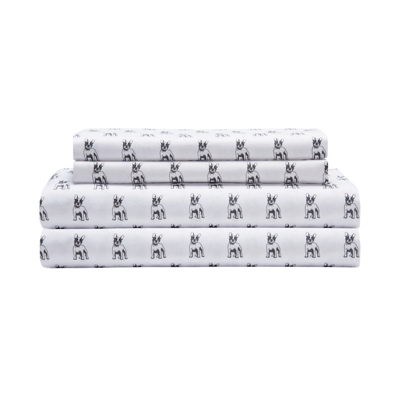Queen White Microfiber Sheet Set with Bulldog Print