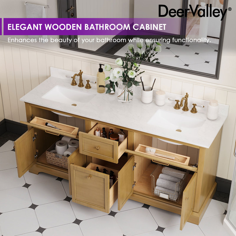 Heritage 72" Fully Assembled Double Bathroom Vanity with Engineered Marble Top, Soft Closing and Splash Guard