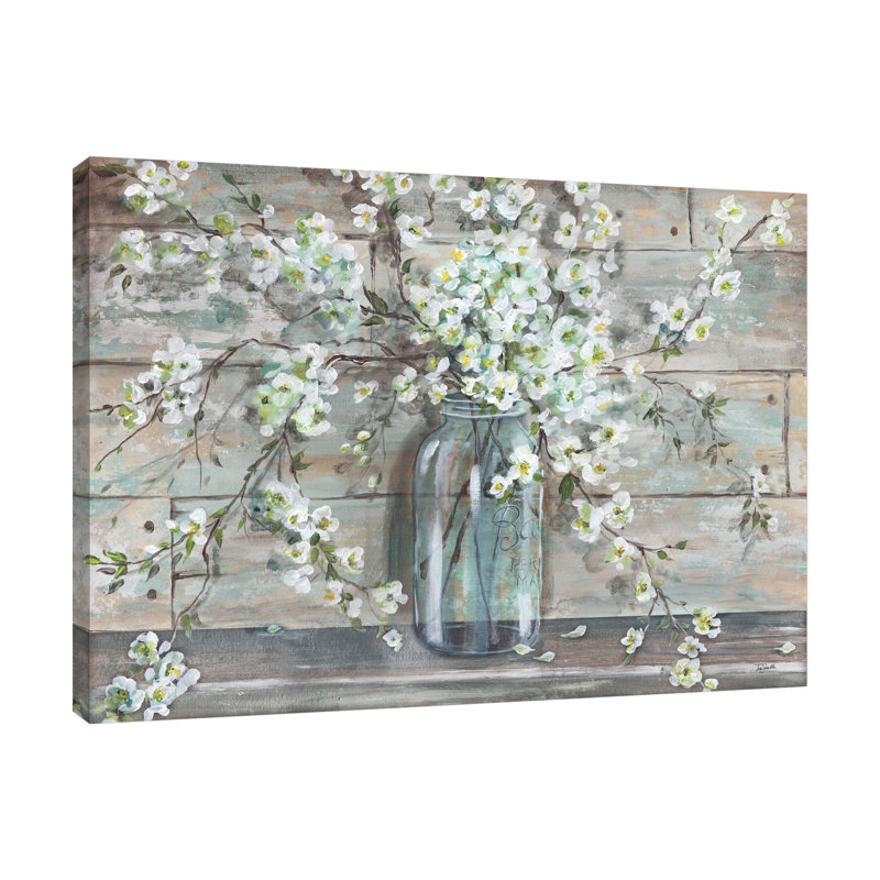 Blossoms In A Mason Jar: Grey - Wrapped Canvas Print, 30.5 cm H x 40.6 cm W