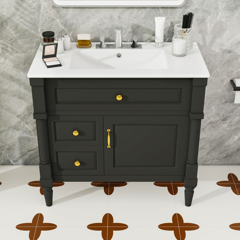 Meuble-lavabo de salle de bain avec lavabo, tiroir rabattable, tablette réglable et rangement pour porte, Noir