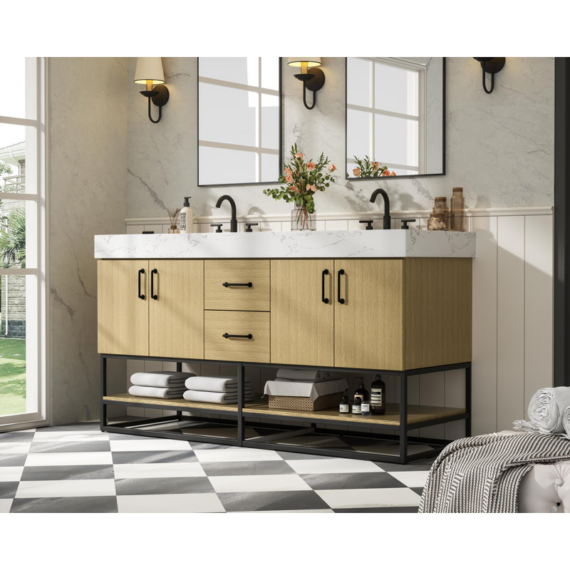 60 inch Double Bathroom Vanity, Honey Brown