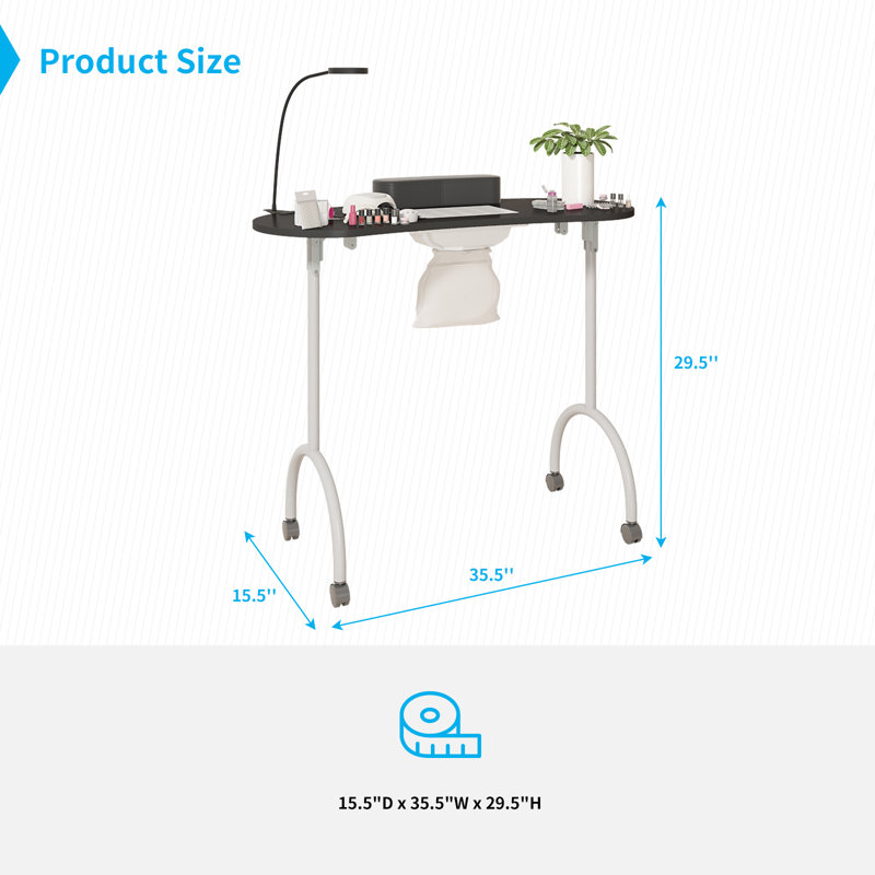 Portable Folding Manicure Table with HEPA Dust Collection, LED Lamp, Lockable Wheels, Black