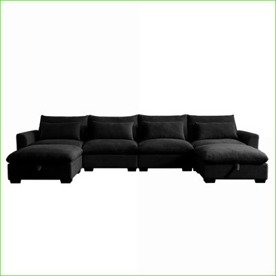 Canapés modulaires pour le salon, canapé modulaire en U à 4 places avec repose-pieds de rangement et amp; 4 coussins de taille | Noir | Velours côtelé