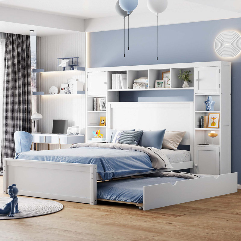 Wooden Bed With Sockets And Trundle, Full, White