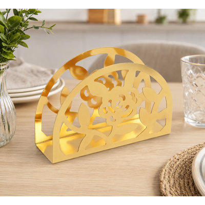 Porte-serviettes décoratif en fer doré à motif floral, à poser sur une table de cuisine, de salle à manger ou de comptoir.