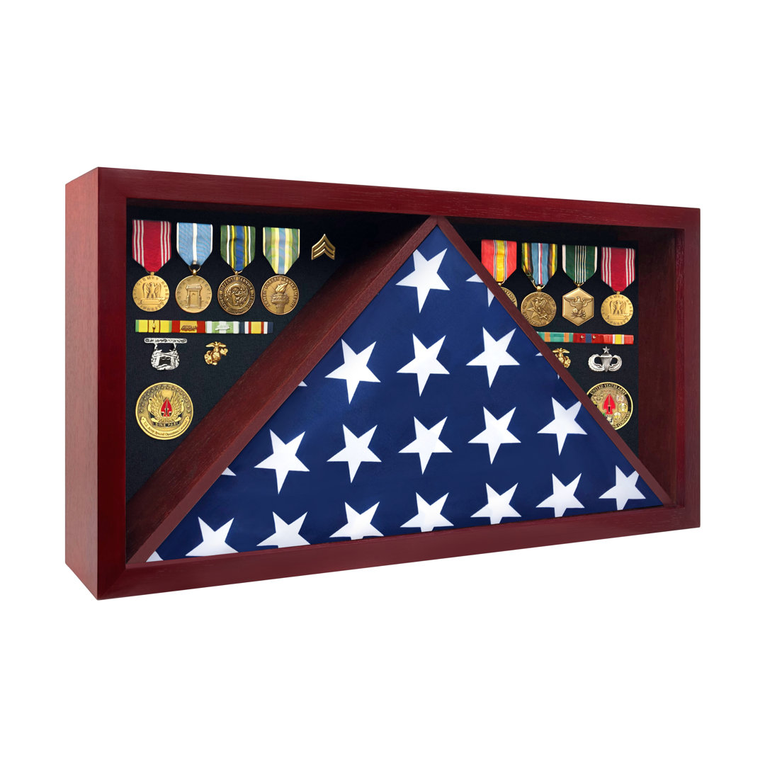 ILOT Large Military Shadow Box - Solid Wood Flag Case for 5' x 9.5' American Veteran Burial Flag and Medals ILOT