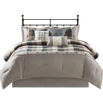 Comforter - Queen Grey Herringbone With Pillows 7 Piece Buffalo Plaid Border