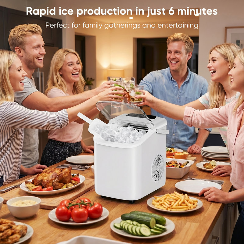 11" x 9" Compact Countertop Fast Ice Making & Selectable Sizes Ice Maker Machine, White