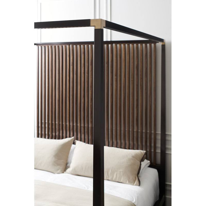 Transitional Queen Platform Canopy Bed with Upholstered Headboard