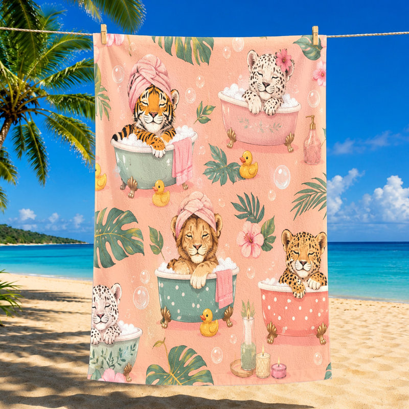 1Pcs Mignon lion lion léopard prenant un bain Animaux drôles Feuilles tropicales Serviette de plage Couverture en microfibre à séchage rapide pour la natation Voyage Camping