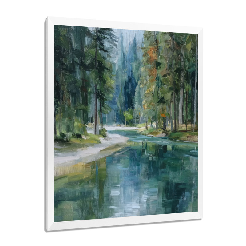 «Pine Trees Fraser River Calming Current», art sur toile, paysage vert, H 20 po x l 12 po, Cadre photo unique, Blanc