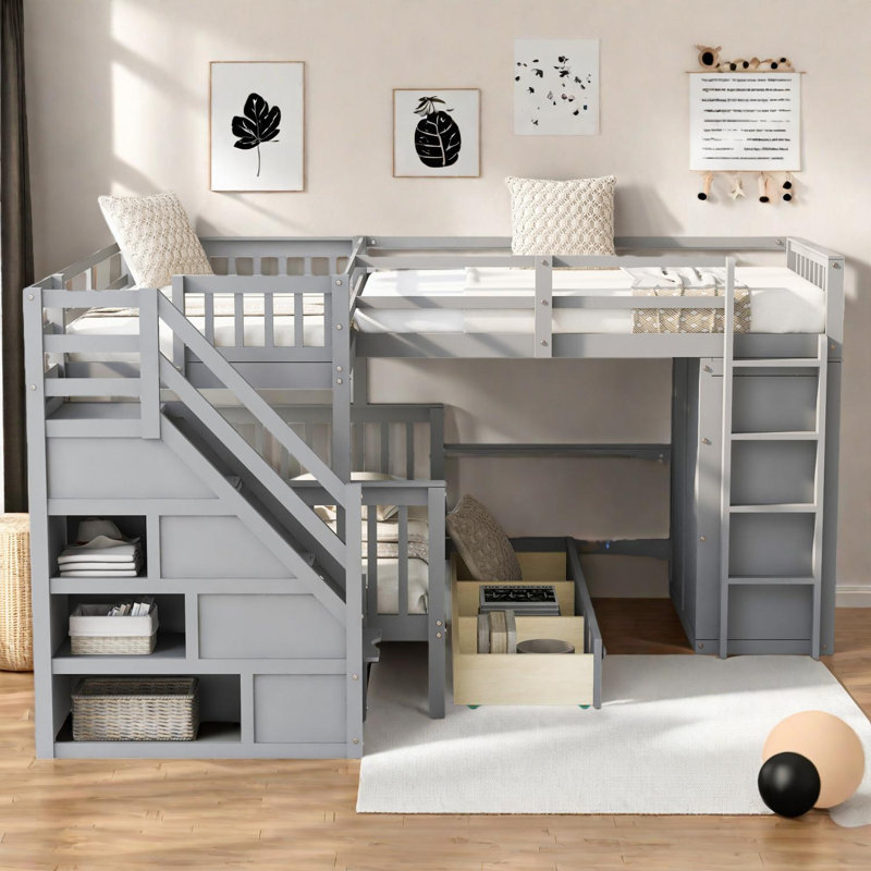 Lit superposé simple au-dessus d'un lit double en L avec rangement et bureau, Gris
