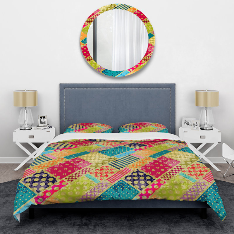 Multicolor Diagonal Patchwork Polyester Patchwork Duvet Cover, King Duvet Cover + 2 King Shams
