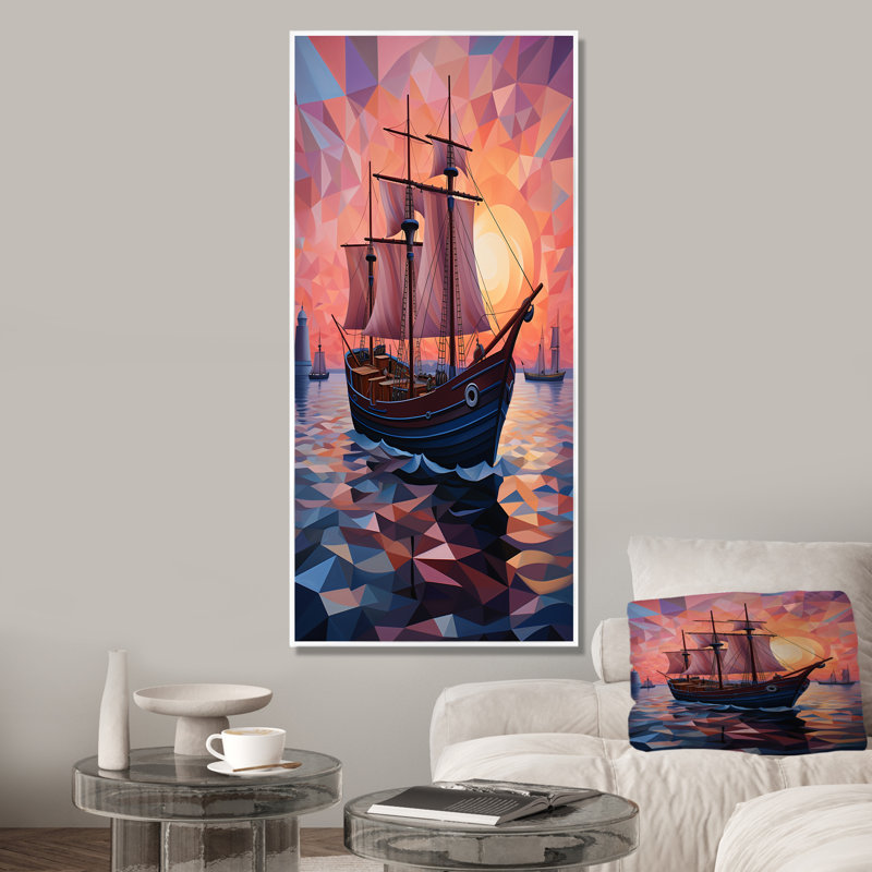 «Nautical Ship Twilight Sails I» - art mural coucher de soleil côtier, H 60 po x l 28 po x P 1,5 po, Cadre flottant blanc