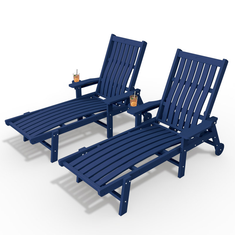 Blue Outdoor HDPE Adjustable Reclining Chaise Lounge Chair With Wheels & Cup Holder (Set of 2), Blue, 2