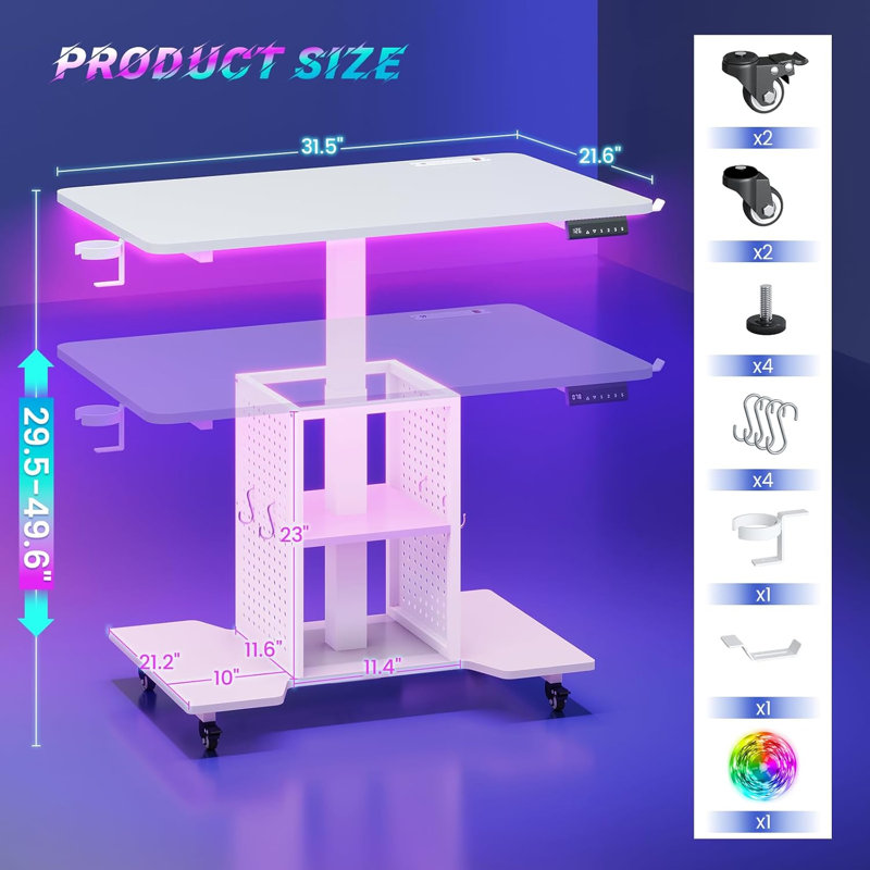 Height Adjustable Electric Standing Desk with 3 Memory Presets, 31.5" Gaming Desk with Power Strip, USB, RGB Lights, Storage Shelves and Pegboard, White