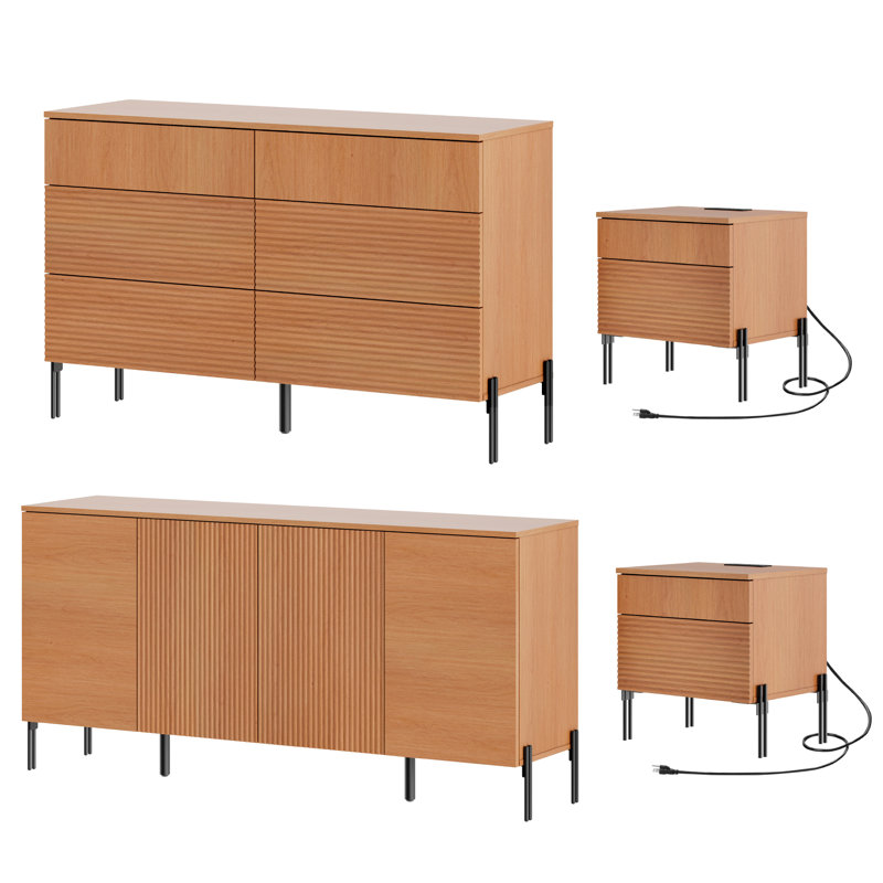 Ensemble de chambre à coucher 4 pièces, commode 6 tiroirs et table de chevet Aadham, Moka